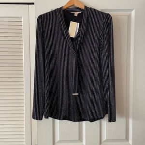 Michael Kors Dressy  Glitter stripe Blouse Black Tie Front Top